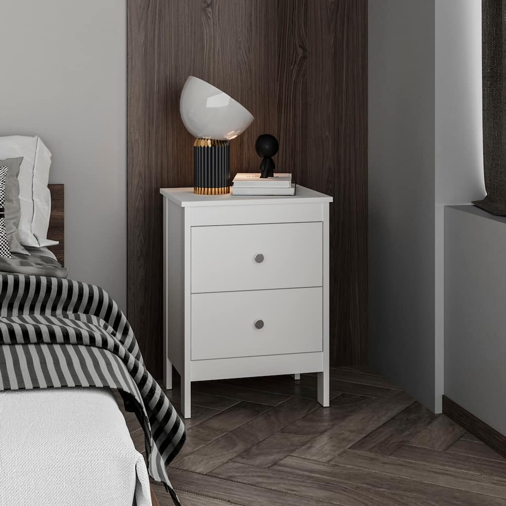 Modern White Two-Drawer Nightstand with Open Shelf