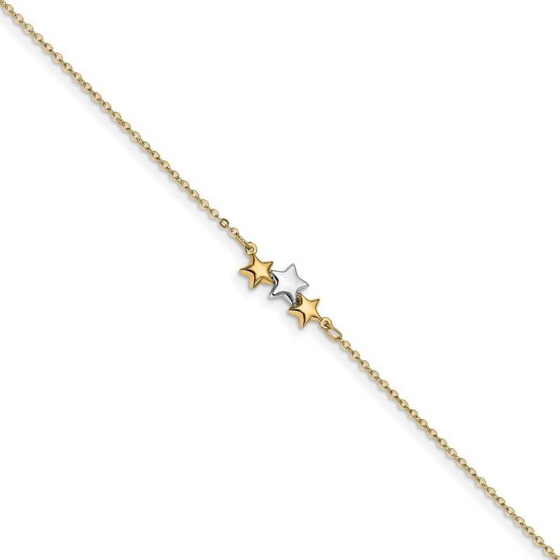 Curata 14k Two tone Gold 9.5+1" Polished Triple Star Cable Chain Anklet (Lobster-claw)