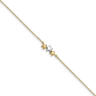 Curata 14k Two tone Gold 9.5+1" Polished Triple Star Cable Chain Anklet (Lobster-claw)