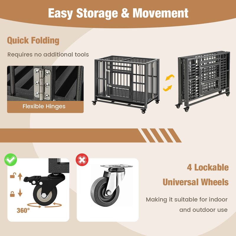 Gymax Foldable Heavy-Duty Metal Dog Cage w/ Lockable Universal Wheels