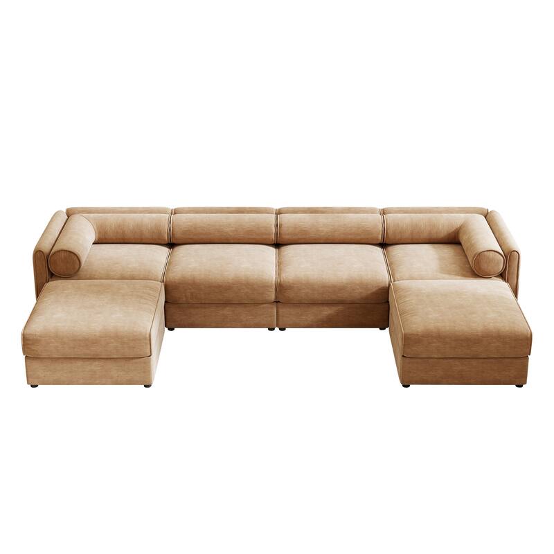 Modern Chenille 6-Seater Sofa with Ottoman Storage, Hidden Storage, Cylindrical Cushioned Arms and Backrest