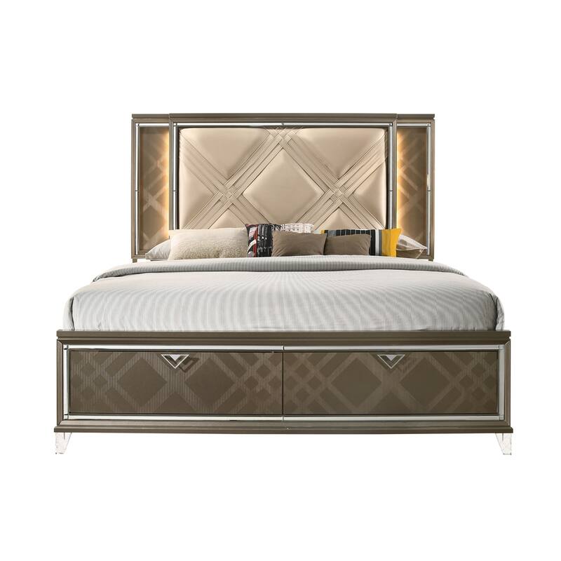 Faux Leather Bed with 2 Drawers in Dark Champagne Finish