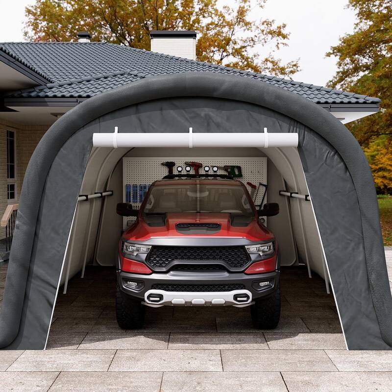 COSIEST 13'x20' Hardtop Carport with Roll-Up Doors & PE Cover - Grey-10x20ft