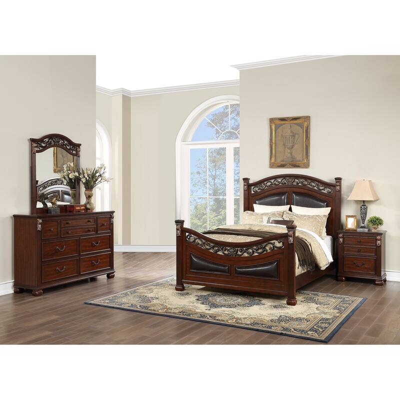 Traditional Style Bed Set Dark Cherry Finish Carved Detail Floral Design