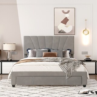 Queen Size Velvet Upholstered Storage Platform Bed with 1 Big Drawer ...
