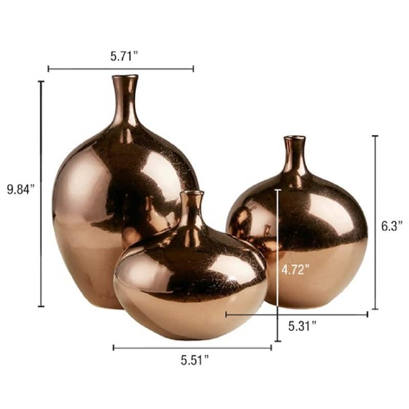 Roomfitters 3-Piece Mirrored Ceramic Decorative Vase Set, Handcrafted Metallic Bronze Finish