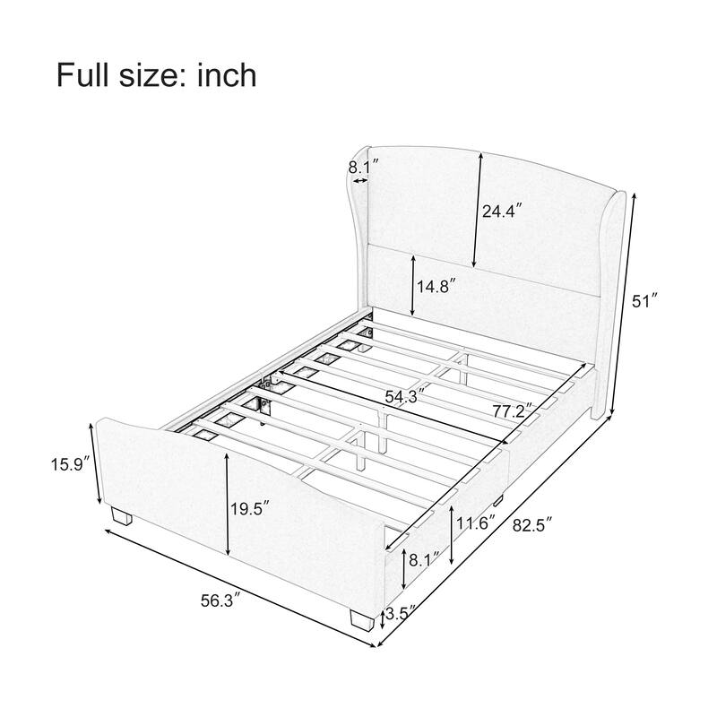 Roomfitters Full/Queen/King Size Upholstered Bed, Wingback Linen Frame, 51" High Headboard, No Box Spring Needed
