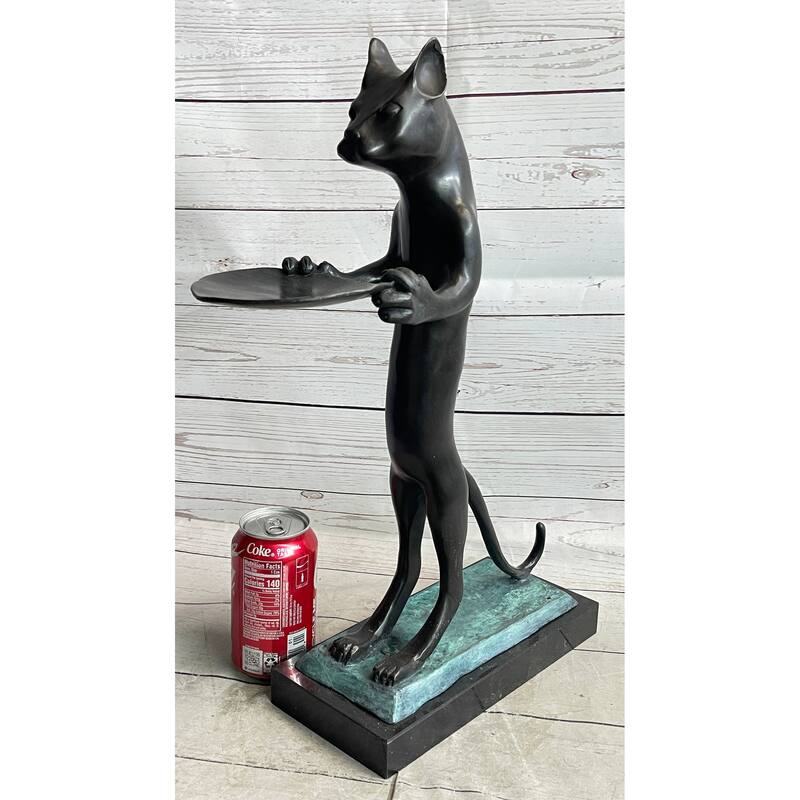 Standing Imitative Cat Holding Tray Business Card Holder Bronze Sculpture Statue Original Art Decor