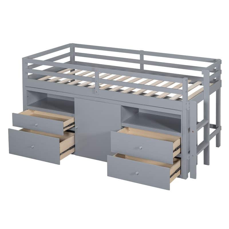 Twin Size Loft Bed with 4 Drawers, Underneath Cabinet and Shelves