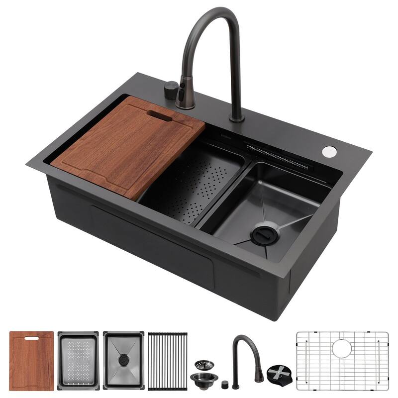 Lordear 31" Kitchen Sink Drop In Flying Rain Waterfall Stainless Steel Sink with Cup Washer and Pull Out Faucet - Gunmetal Black