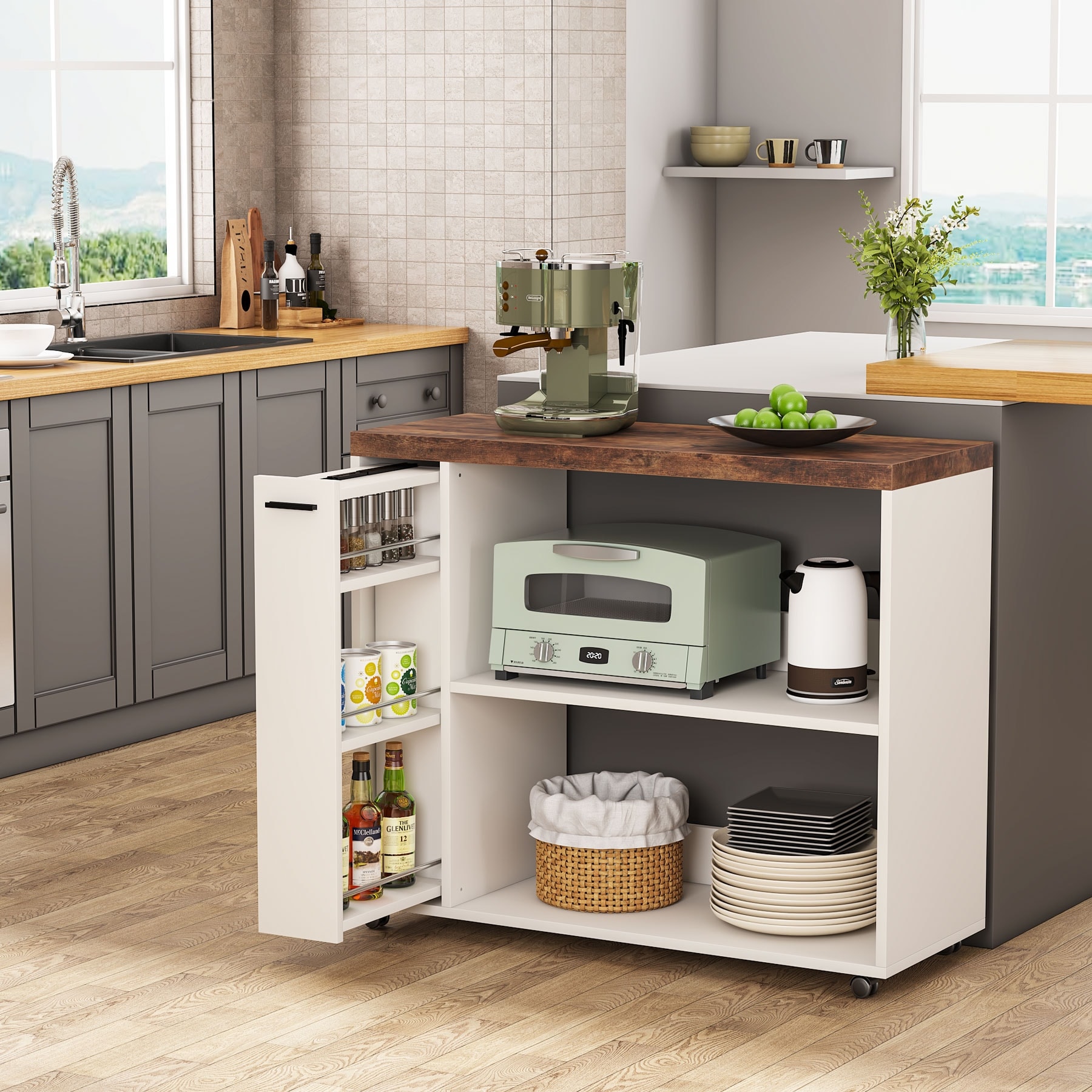 Rolling Kitchen Island Cart on Wheels, White Kitchen Cart with Storage  Shleves