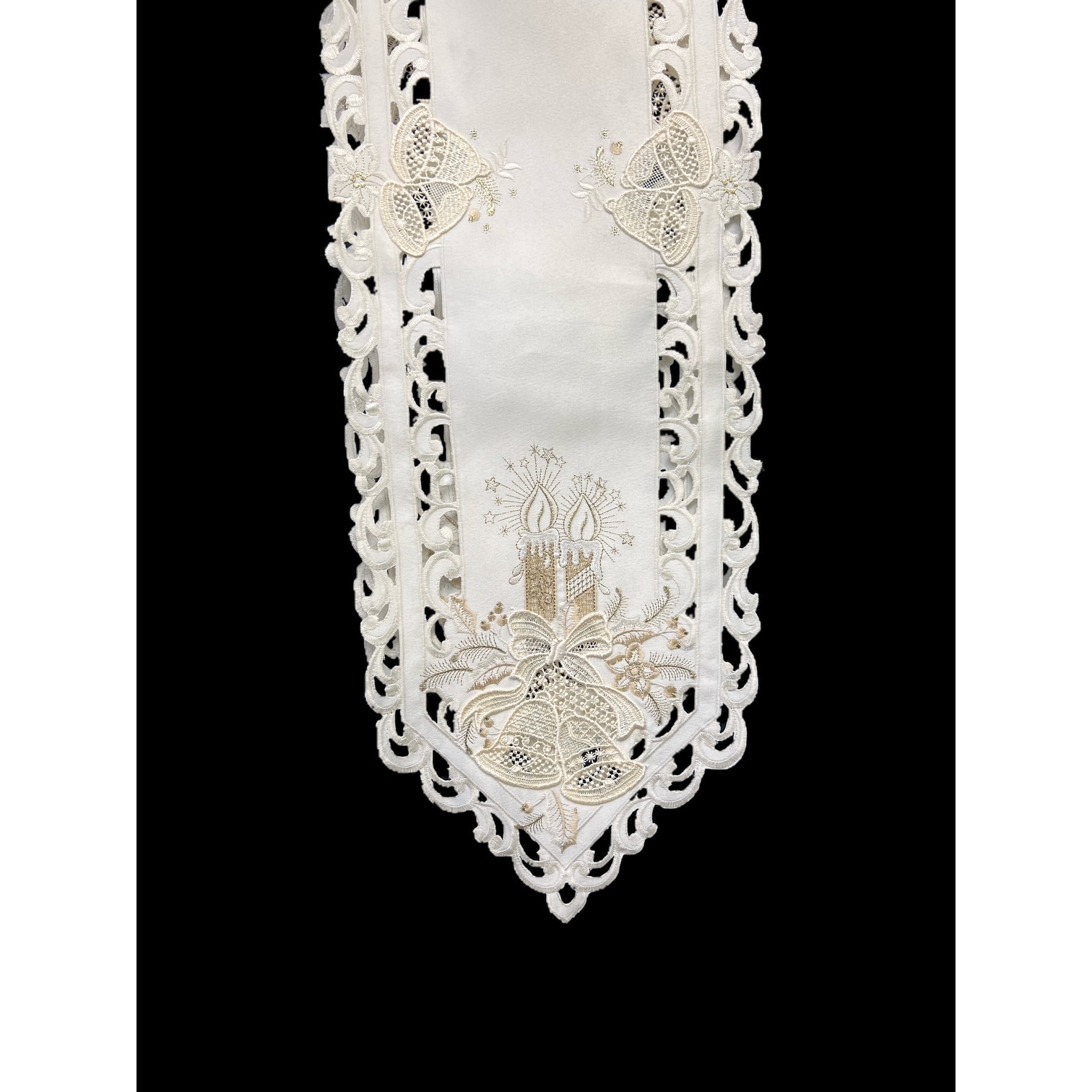 Christmas Candle Beige Lace Embroidered Cutwork Rectangular Table Runner, 11 by 64 inch