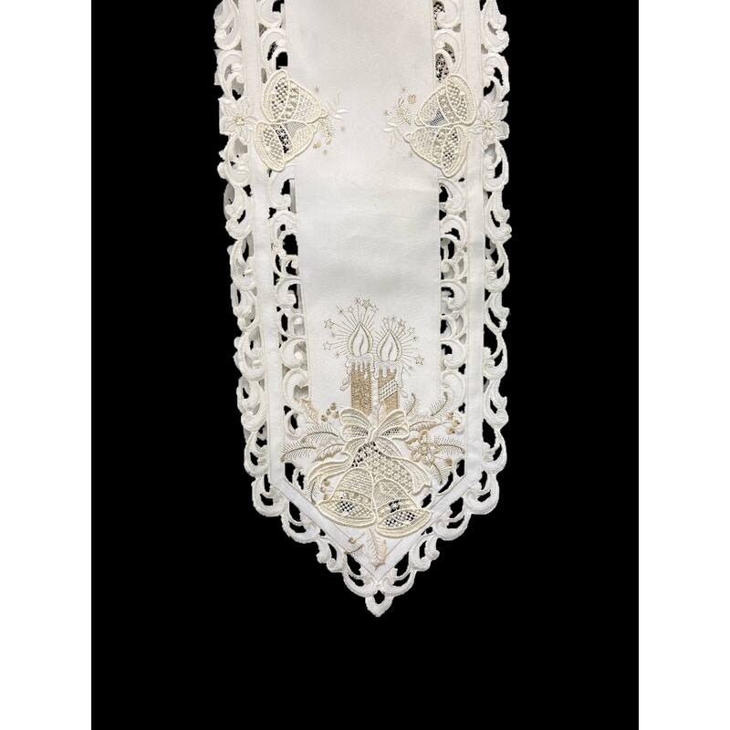 Christmas Candle Beige Lace Embroidered Cutwork Rectangular Table Runner, 15 by 43 inch