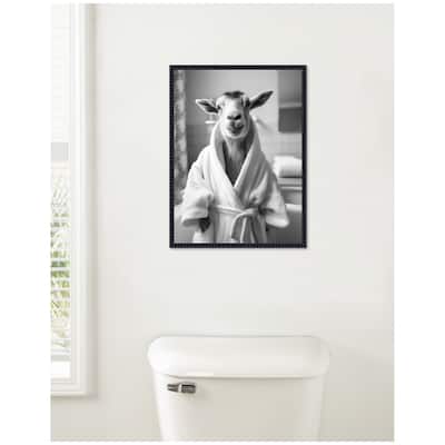 Kate and Laurel Sylvie Goat Bathroom Art Towel Robe Black and White Framed Canvas by The Creative Bunch Studio