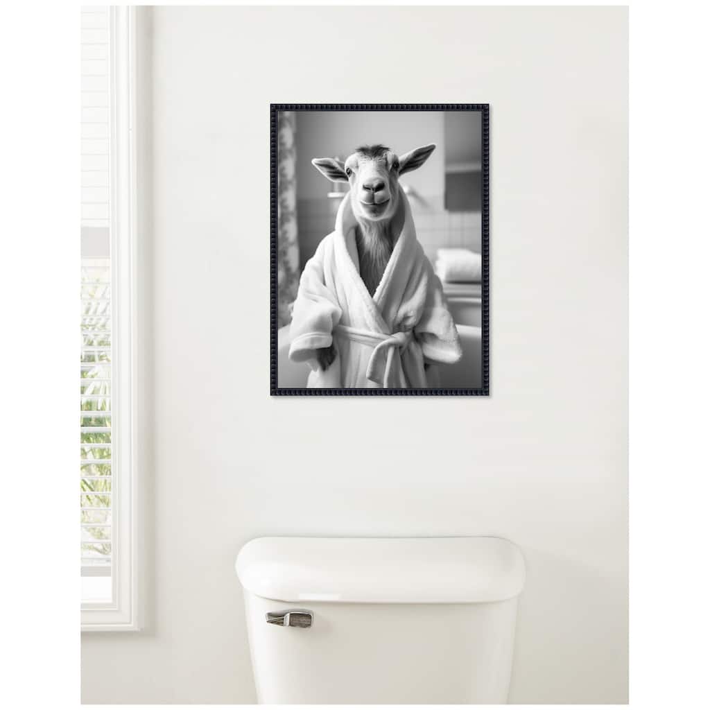Kate and Laurel Sylvie Goat Bathroom Art Towel Robe Black and White Framed Canvas by The Creative Bunch Studio