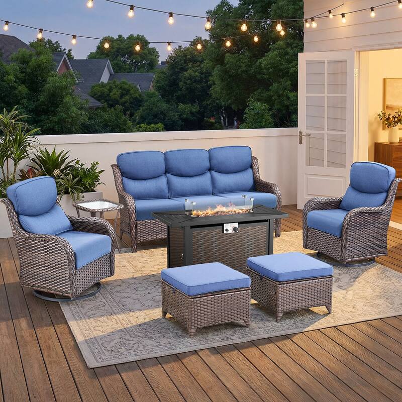 Pocassy 6/7 Piece Patio Sofa Swivel Chair Set with 43" Fire Pit Table - Brown Wicker Blue Cushion - 7-Piece Sofa Swivel Chair Ottoman w/ Fie Table