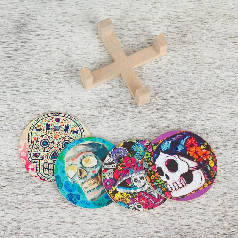 NOVICA Artisan Handblown Decoupage Coasters Multicolor Skull Halloween Wood Mexican Barware 'Festival of the Dead' (Set of 4)