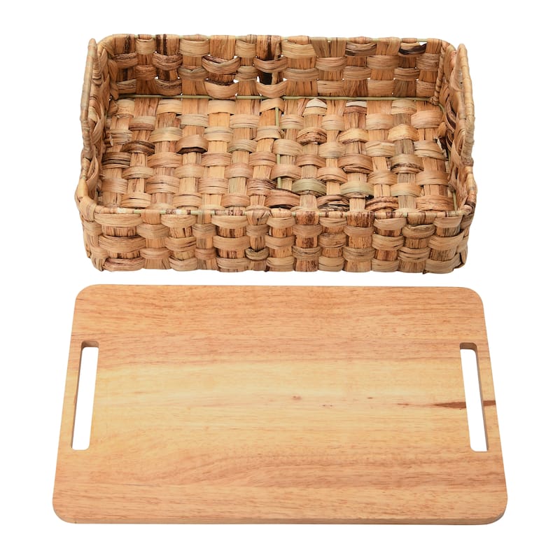 Household Essentials Stackable Hyacinth Baskets with Oak Lids - 10.2"L x 15.8"W x 7.1"H