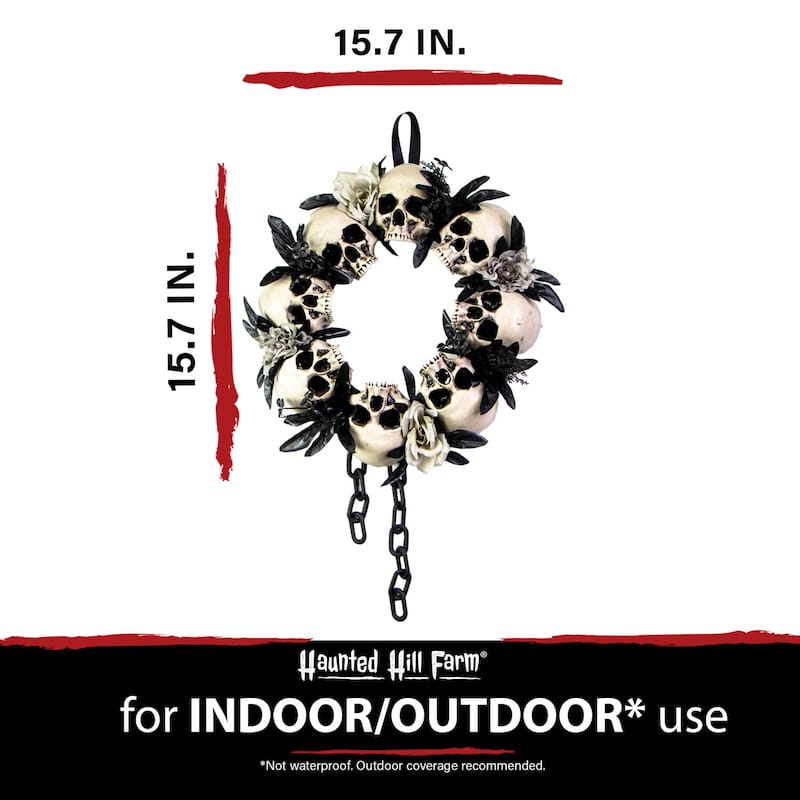 Haunted Hill Farm 15.7-In. Skulls and Chains Wreath, Halloween Door or Wall Decoration, White-Black-Gray