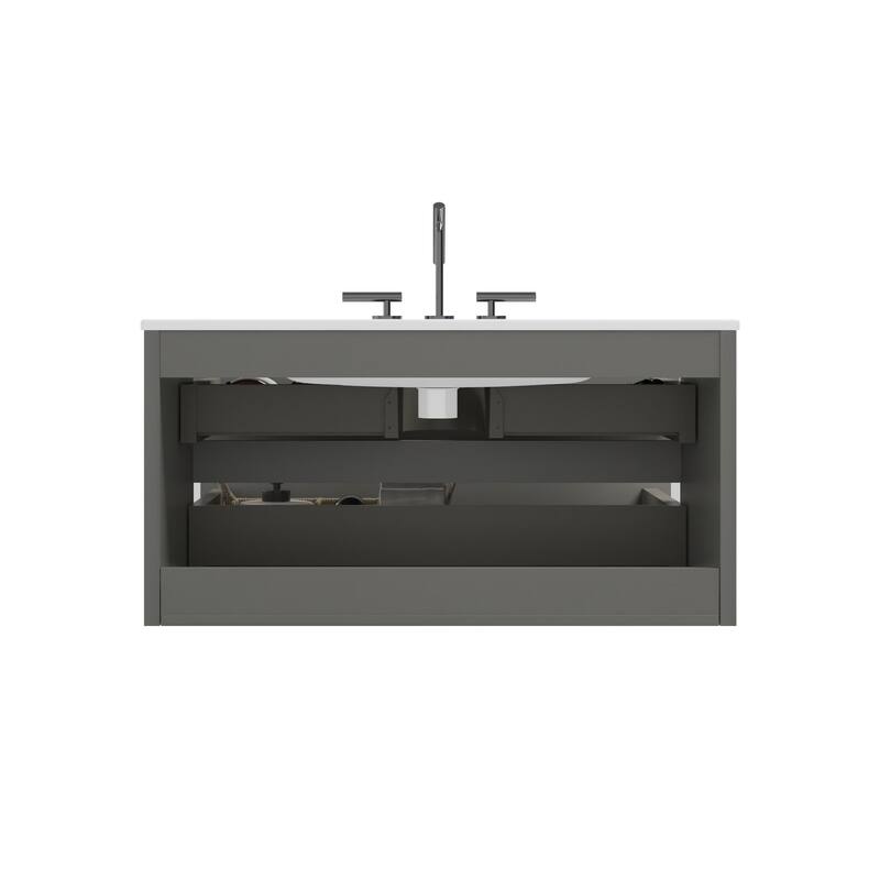 36-Inch Wall Mount Bathroom Vanity in Space Grey with Ceramic Sink, Large Storage