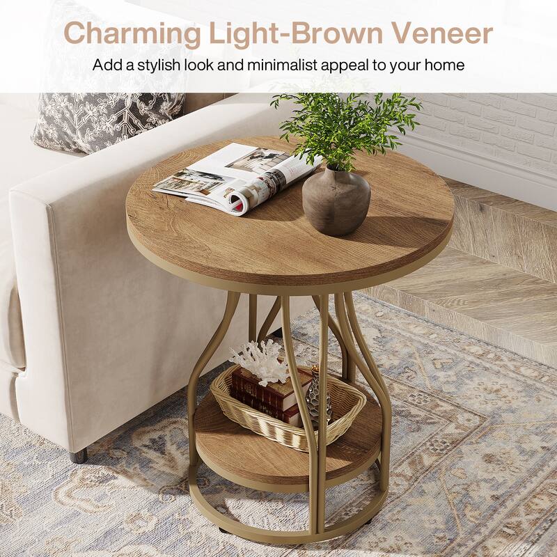 Round End Table, 2-Tier Side Tables, Modern Bedside Table, Small Chirside Tables for Couch Side