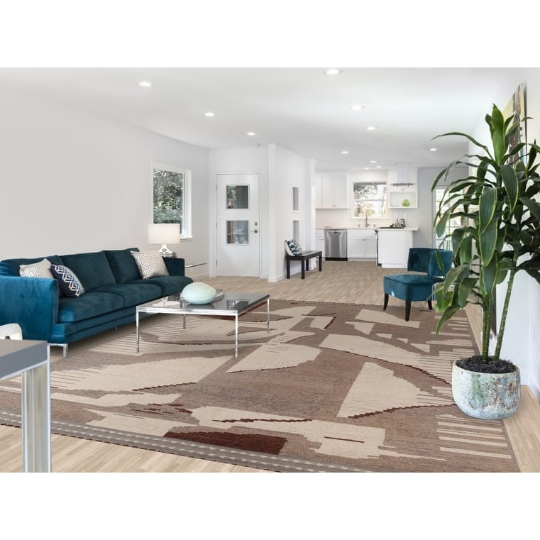 Abstract Moroccan Earth Tone Area Rug Hand-Knotted Wool Carpet - 8'11"x 12'7"
