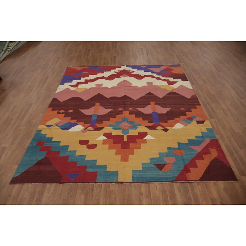 Hand Woven Oriental 100% Wool Carpet Southwestern Modern Multi-Colored Kilim Area Rug - 9' 10'' X 8' 0''