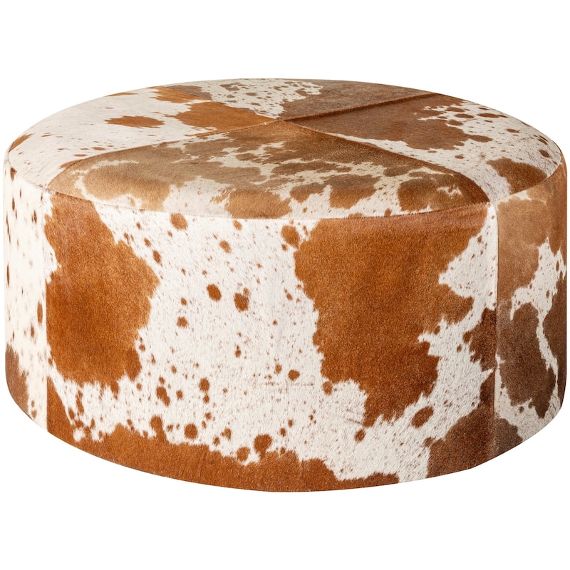 Ebony Hair on Hide Large Round Leather Ottoman