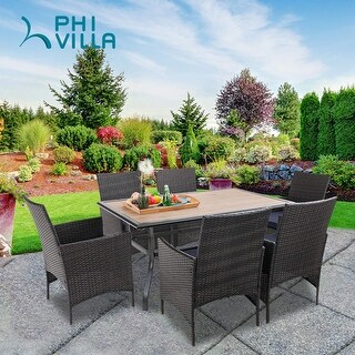 PHI VILLA Dining Set of 7 Wicker Chairs and Wood Top Table with 1.56" Umbrella Hole and Steel Frame