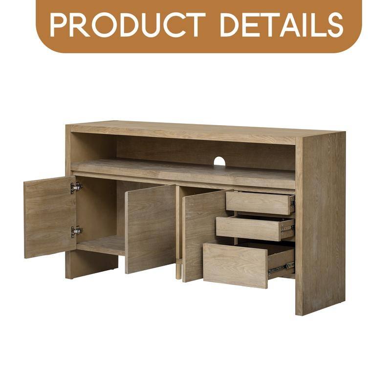60" 3-Door Sideboard with 3 Drawers - Modern Solid Ash Veneer MDF Sideboard, Semi-Open Shelf & Center Semi-Circular Cutout