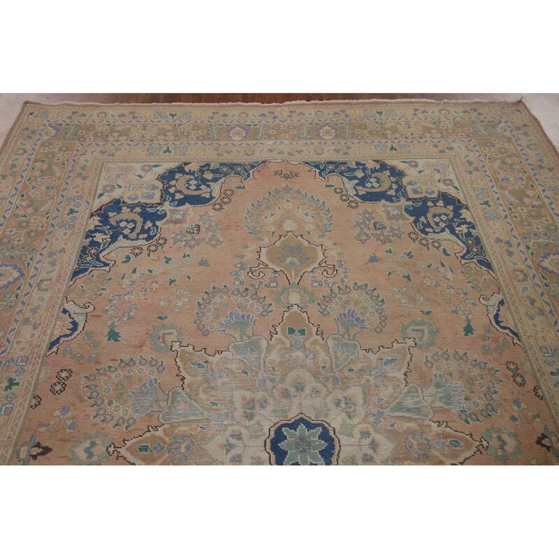 Distressed Mashad Persian Antique Area Rug Handmade Wool Carpet - 6'6" x 9'8"
