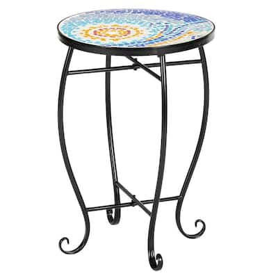 Blue Hawaiian Style Glass Round Terrace Bistro Table Side Table