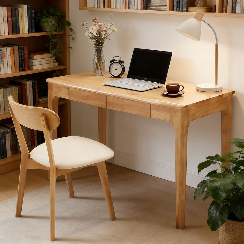 Solid Wood Mid-Century Modern Desk with Drawers for Home Office - Oak