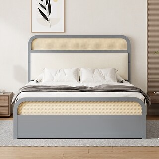 Queen Size Platform Bed with Trundle, Pine Wooden Bed with 2 Drawers, Kid's Bed with Rattan Headboard, Grey