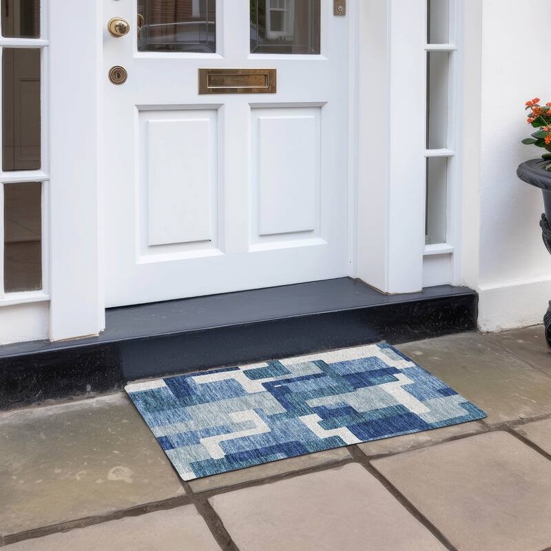 Machine Washable Indoor/ Outdoor Chantille Modern Blocks Rug - Blue - 1'8" x 2'6"
