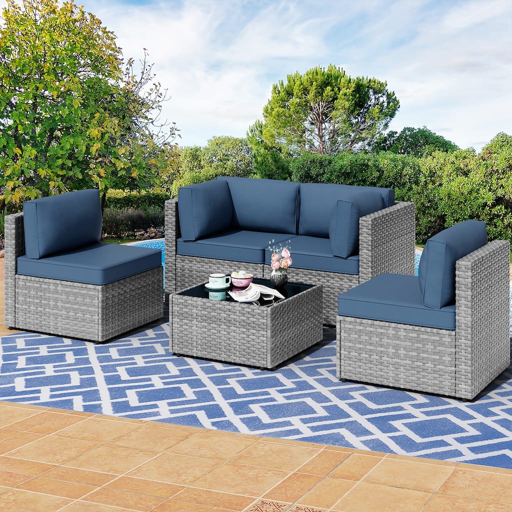 Outdoor 5-Piece Wicker Sectional Sofa Set with Table