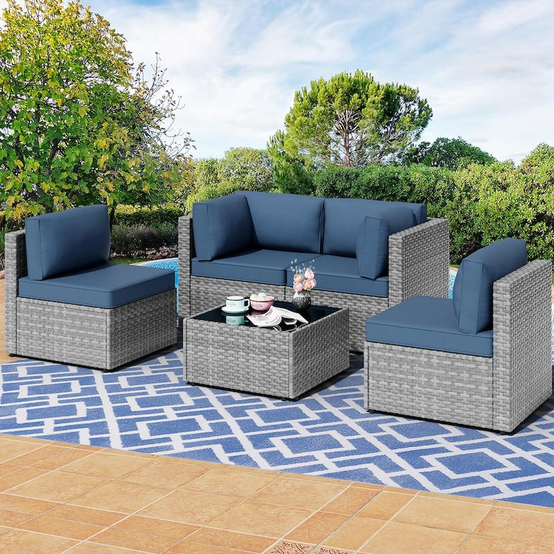 Outdoor 5-Piece Wicker Sectional Sofa Set with Table