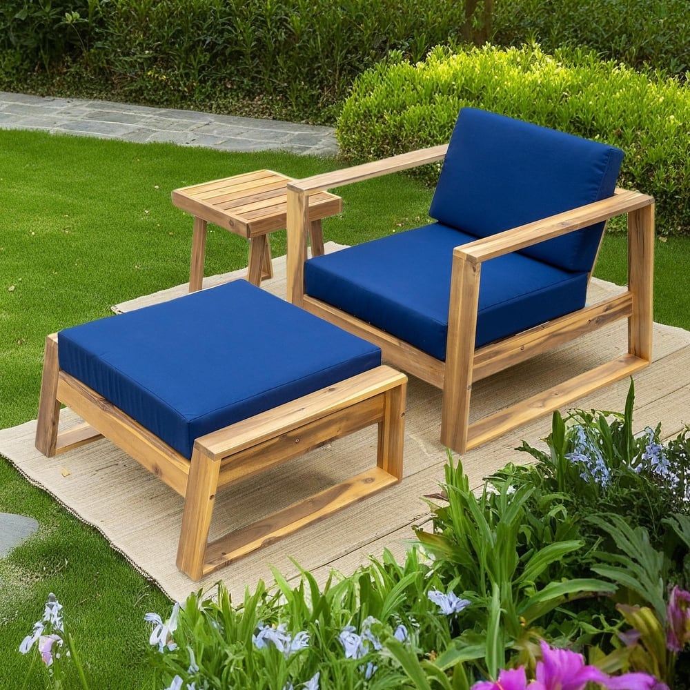 3-Piece Outdoor Acacia Wood Lounge Set with Chair, Ottoman, and Side Table