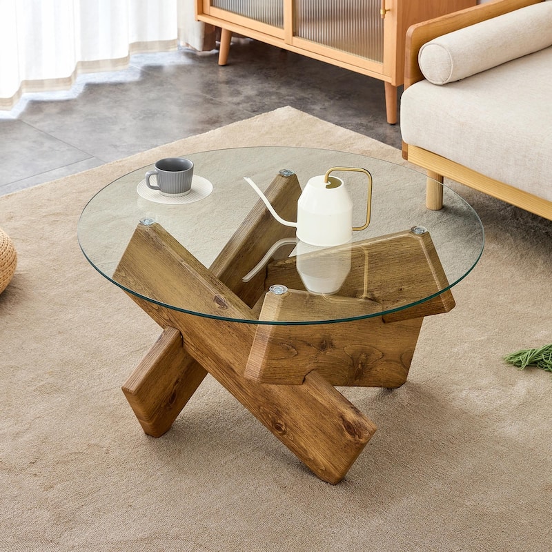 Modern 33.4-Inch Circular Glass Coffee Table with Distinctive Design - MDF - Natural Wood