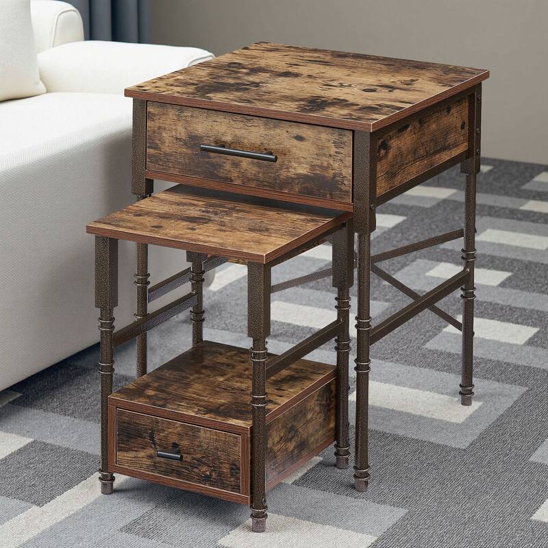 VECELO Small Coffee Table Set of 2, Coffee Table with Steel Frame, Side End Table for Living Room - Brown