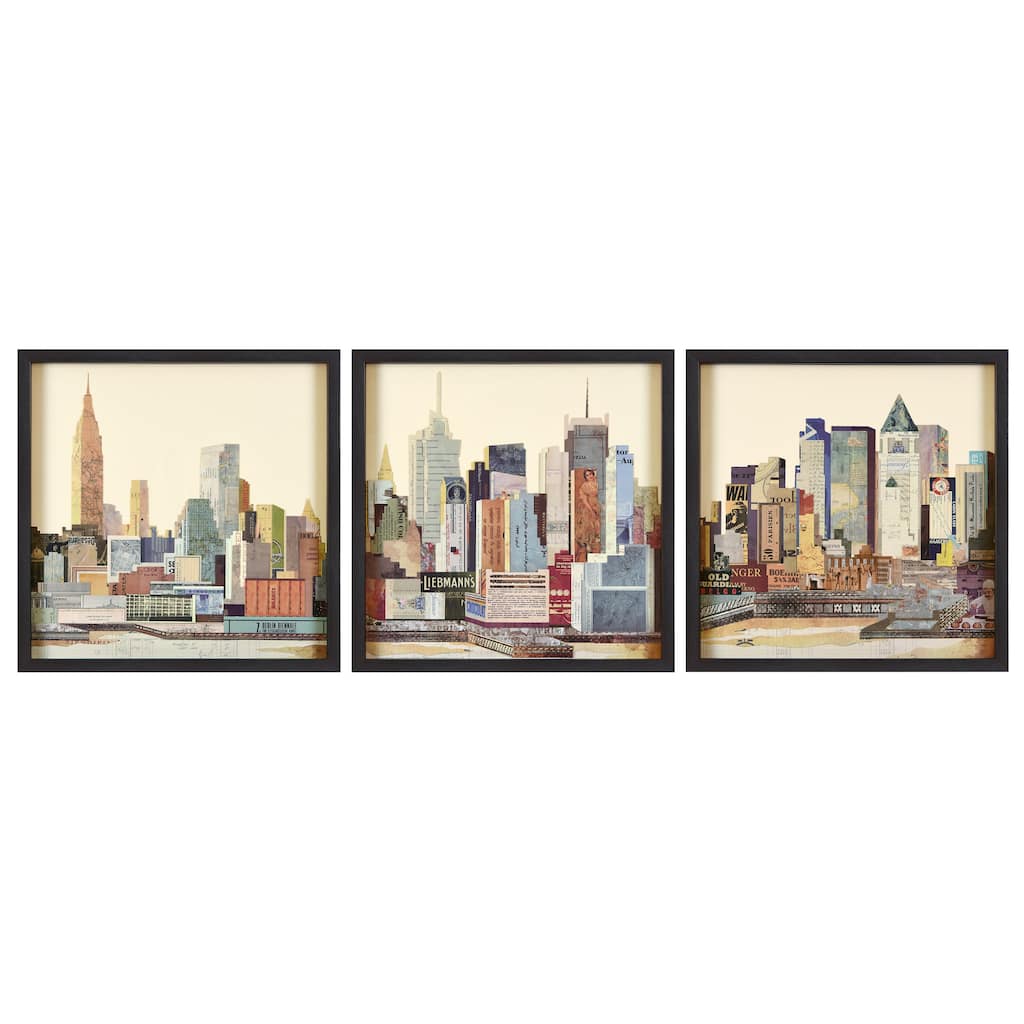 "New York Skyline ABC" Alex Zeng's dimensional collage, under glass & a black shadow box frame