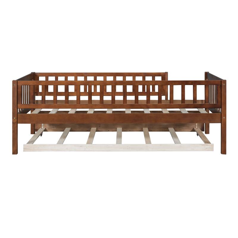 Wooden Twin Daybed with Trundle and Fence Guardrails, Space-Saving Design