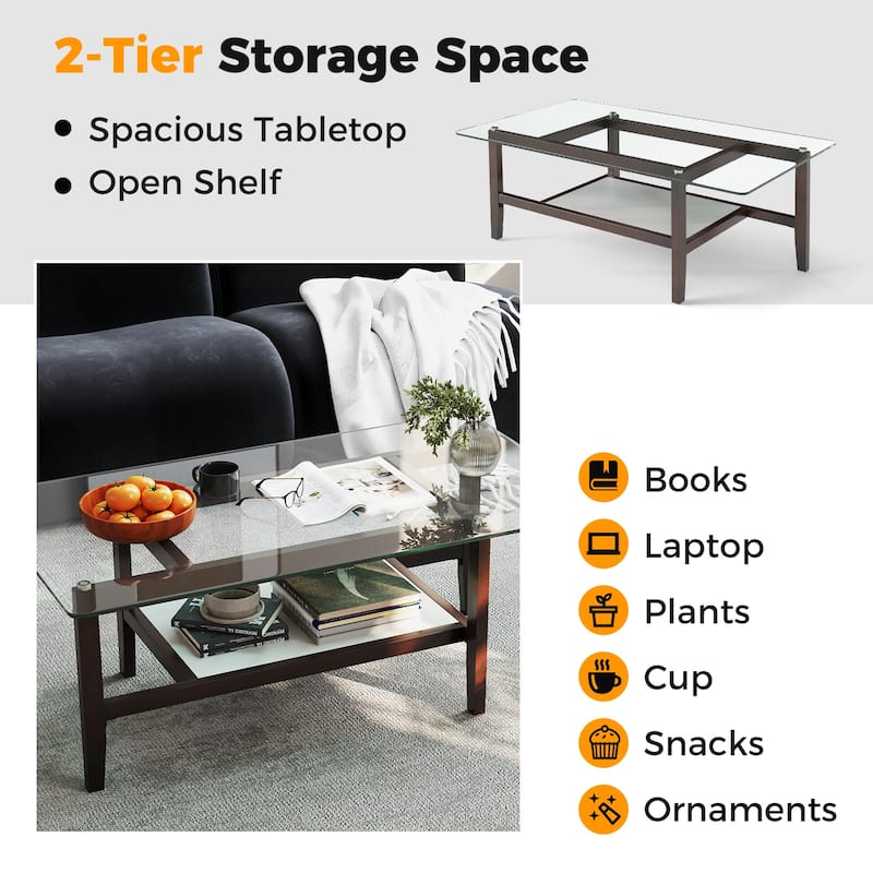Gymax 2-Tier Glass Coffee Table w/ Storage Shelf Solid Rubber Wood