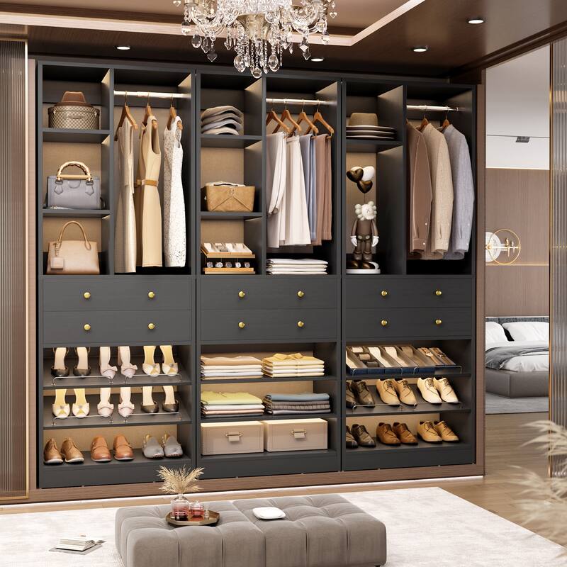 Grimm 28'' Closet Organizer with Shoe Racks and Drawers, Closet System with Hanging Rod and Adjustable Shelves