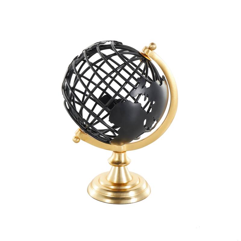 Black Metal Open Framed World Globe with Wire Exterior and Gold Base