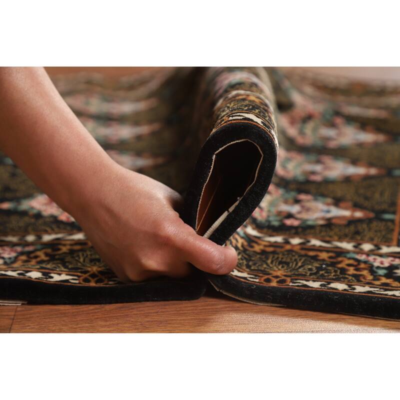 Hand Knotted Oriental 100% Wool Carpet Traditional Floral Black Isfahan Area Rug - 4' 4'' X 2' 9''