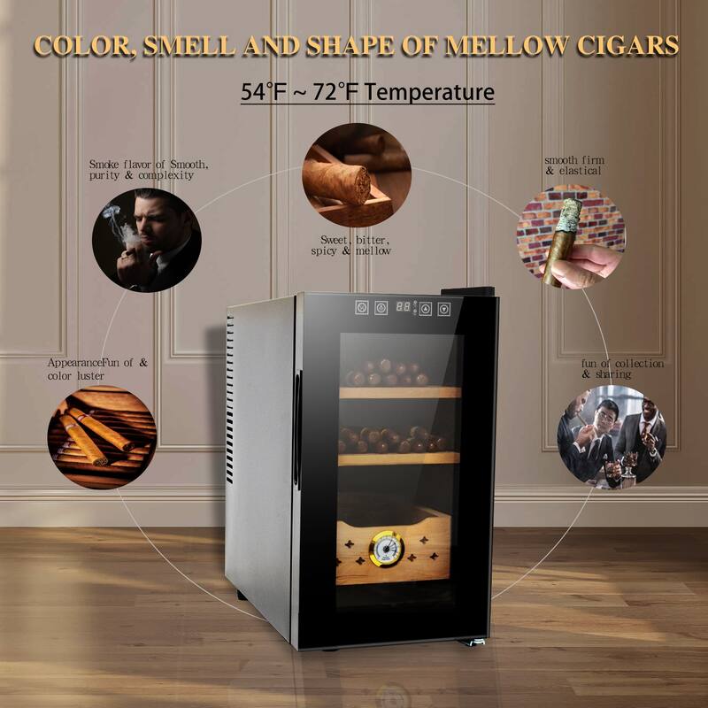 Black 25L Cigar Humidor Electric Cooling Heating 150-Count Capacity - 19.40 x 10.20 x 17.70