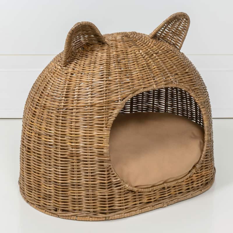 Cat Ear 20" x 14.5" Coastal Handwoven Rattan Cat Bed with Machine-Washable Cushion, Natural - Natural