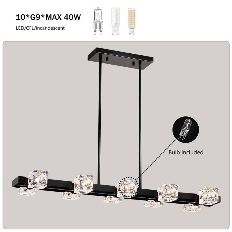 Modern Crystal Hanging Lighting Chandelie 10-Light Farmhouse Linear Pendant Light Fixture, for Dining Room, Kitchen, Bedroom