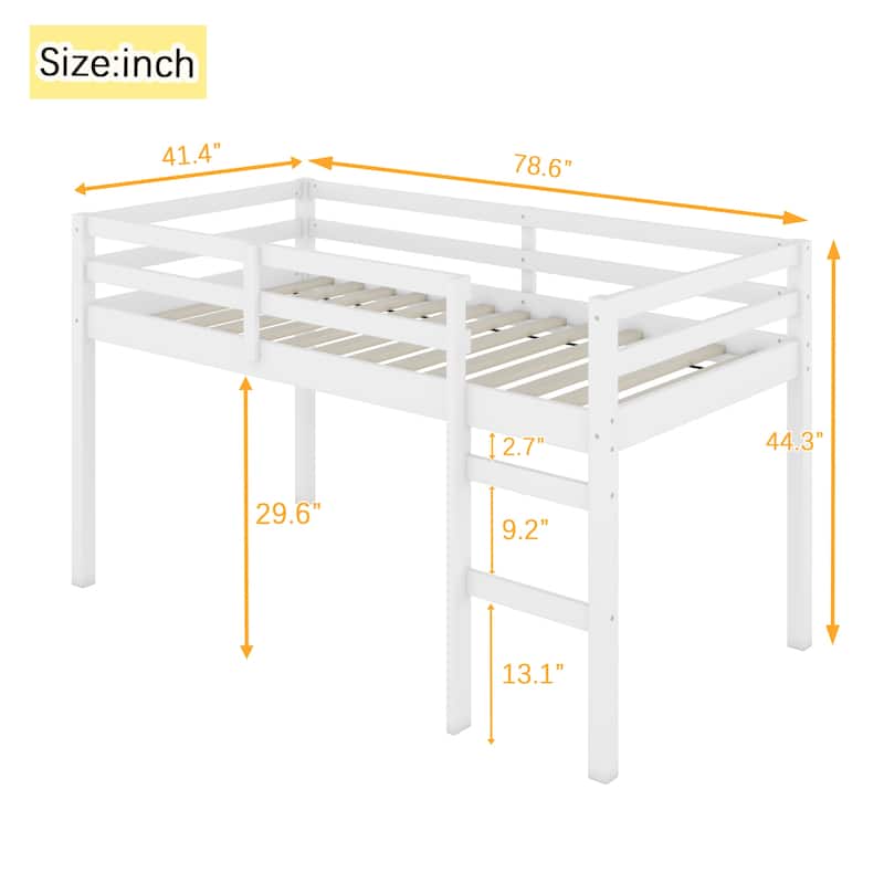 Twin Size Rubber Wooden Loft Bed with Ladder, Bed Platform of Strengthened Slats